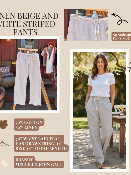 Brandy Melville Pants - Brandy Melville Beige and White Striped Wide Leg Drawstring Pants